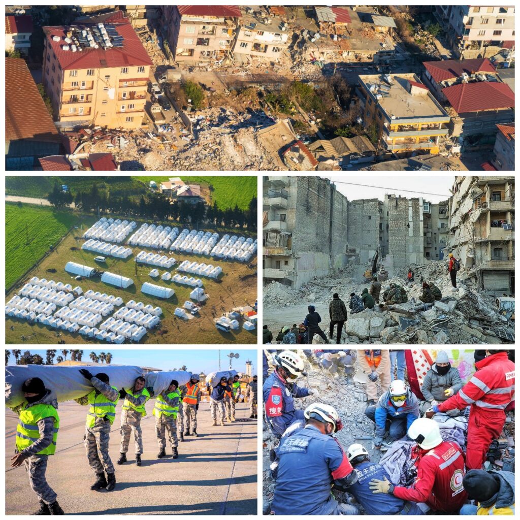 Rescuers search through collapsed buildings in Gaziantep, Turkey, after the powerful 7.8 earthquake struck the region.