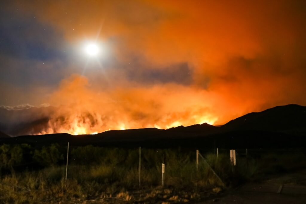 Firefighters battle the Park Fire in rugged terrain of Lassen National Forest, with smoke billowing over hills and charred trees in the foreground.