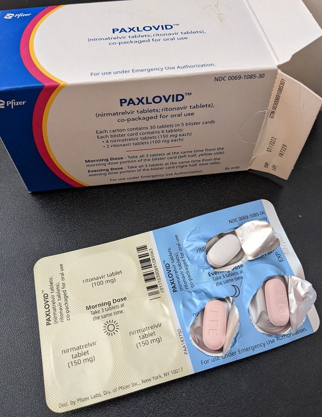 Paxlovid Pfizer Covid 19 Pill A hand holding a box of Paxlovid medication with pills visible inside