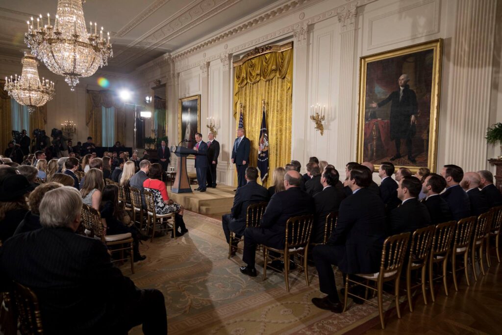 President Donald Trump and Vice President Mike Pence participate in the swearing in ceremony for White House Senior Staf