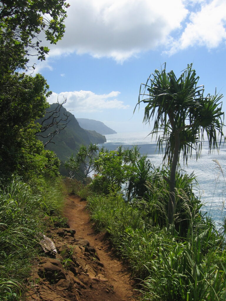 A red rescue helicopter hovers above Kalalau Beach’s towering cliffs as responders work near wreckage on the sand.